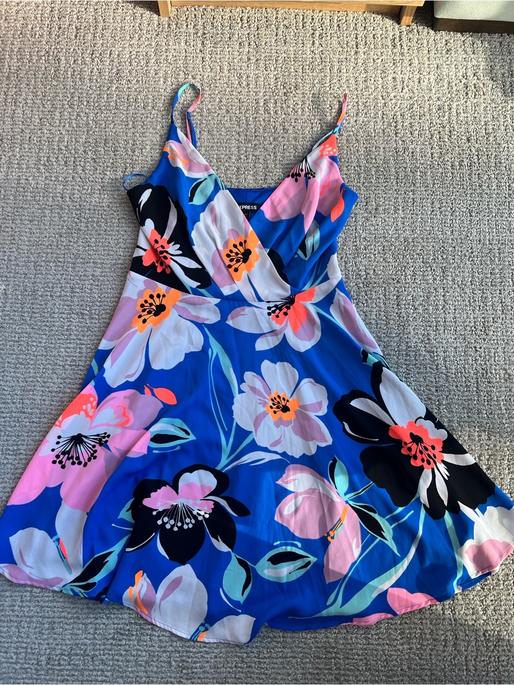 Express Royal Blue Floral Slip Dress with Pink and Black Blooms